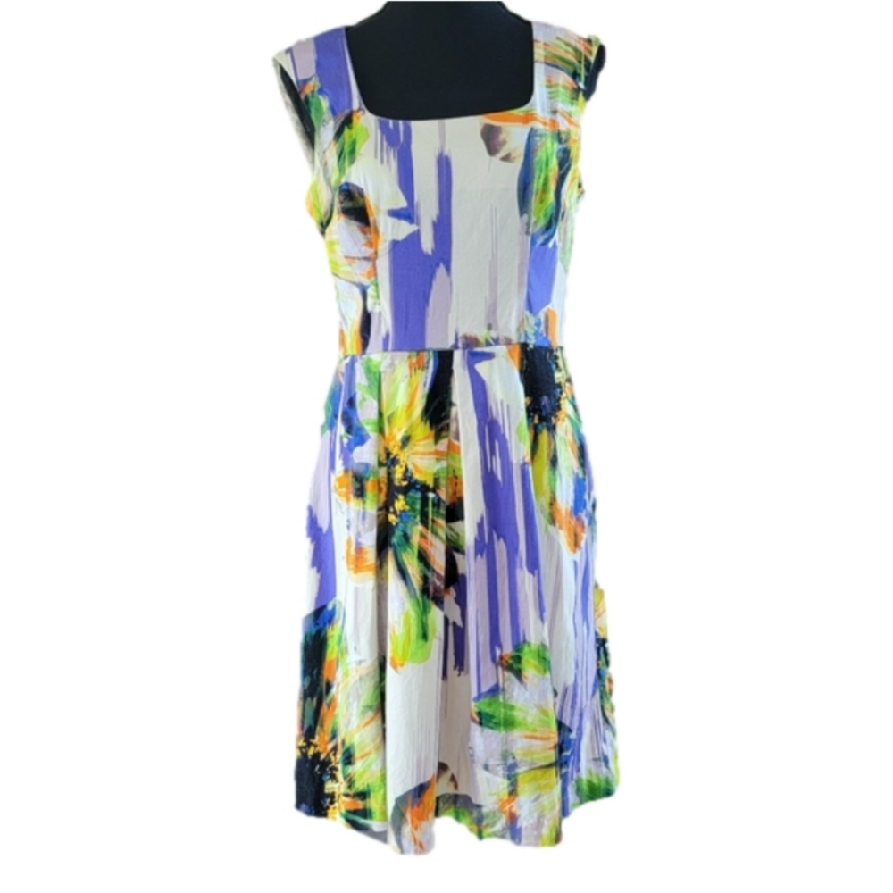 London Times Bright Paint Splash Print Square Neck Sleeveless Dress Size 8 EUC